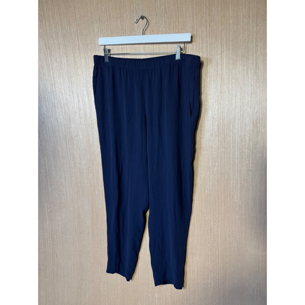 Eileen Fisher Petite Navy Blue 100% Silk Elastic Waist Tapered Ankle Pants